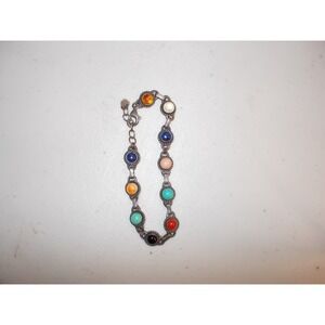 Vintage Sterling Silver Multi Stone Cabochon Link Bracelet Boho Colorful 925